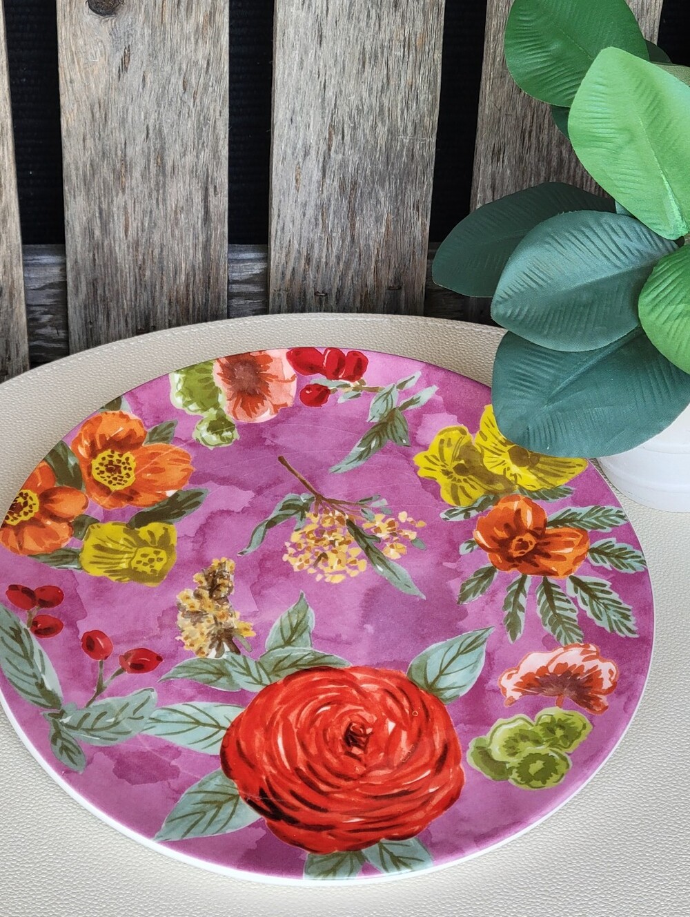 World Market Floral Pink & Orange Ceramic Plate with Vibrant Colors